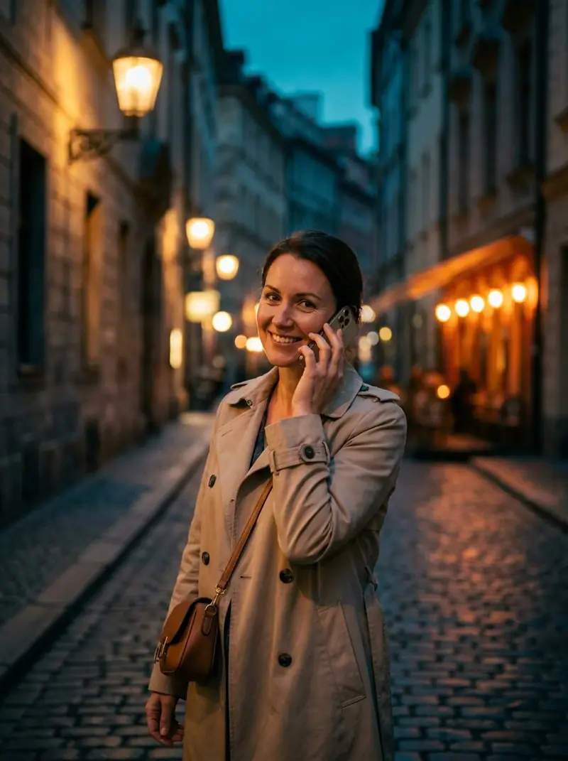 Tourist on a phone call in a city street at dusk