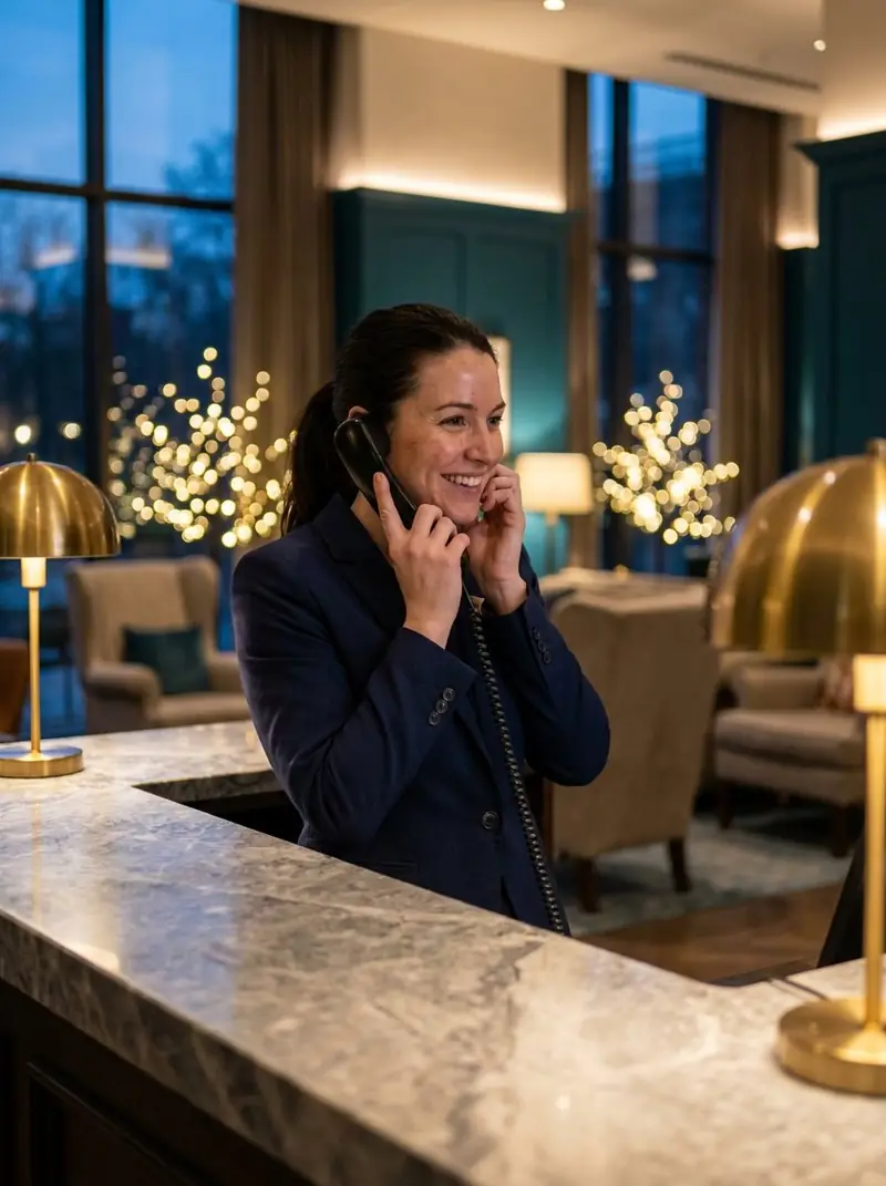 Hotel receptionist answering a call at the front desk
