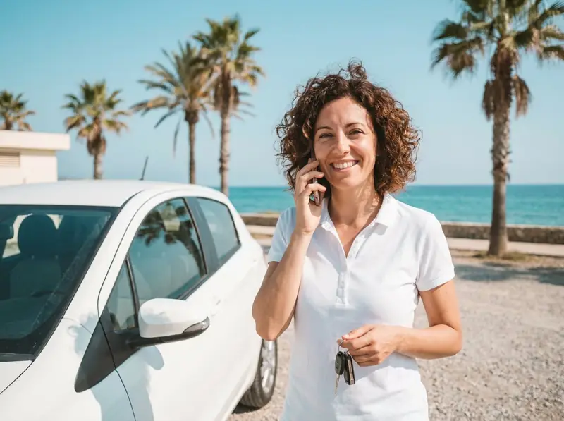 Car rental agent on the phone next to a rental car