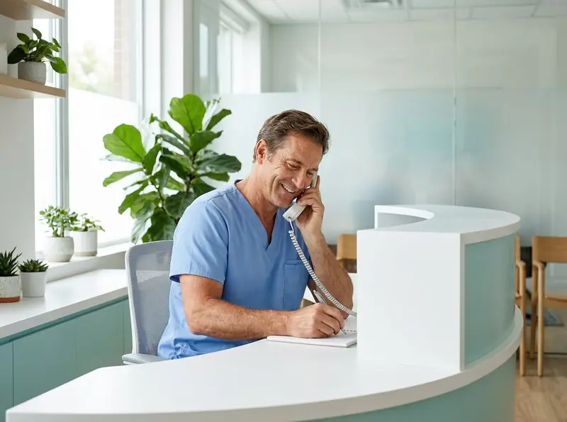 Clinic receptionist booking an appointment by phone