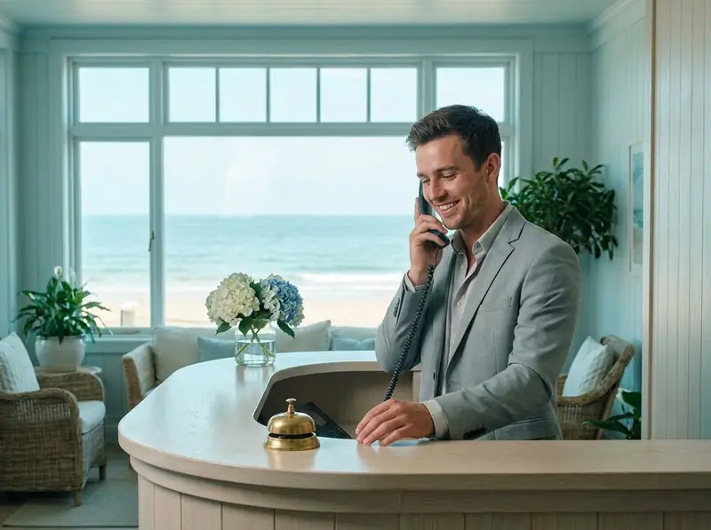 Hotel front-desk manager taking a phone call
