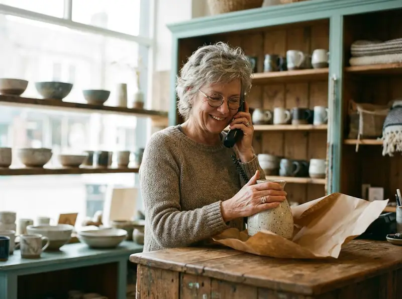 Shop owner answering a customer call at the counter
